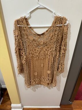 Atmosphere Crochet Openwork Tunic in Camel